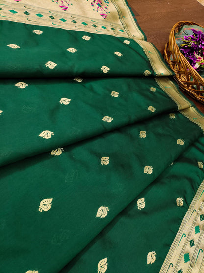 Banarasi Silk Dupatta in Dark Green with Gold Zari Booti and Contrast Woven Border