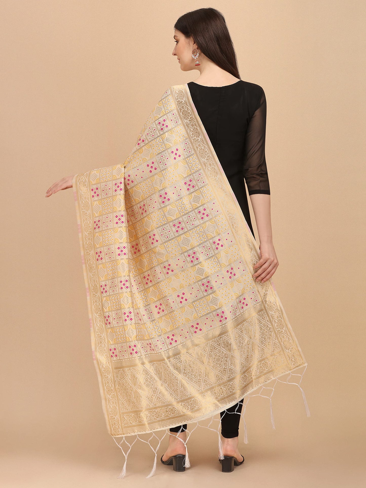 Beige Banarasi Art Silk Dupatta with Multicolor Zari Weave