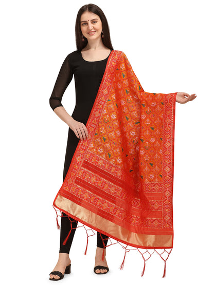 Patola Ikkat Silk Dupatta with Intricate Geometric Weave & Golden Border