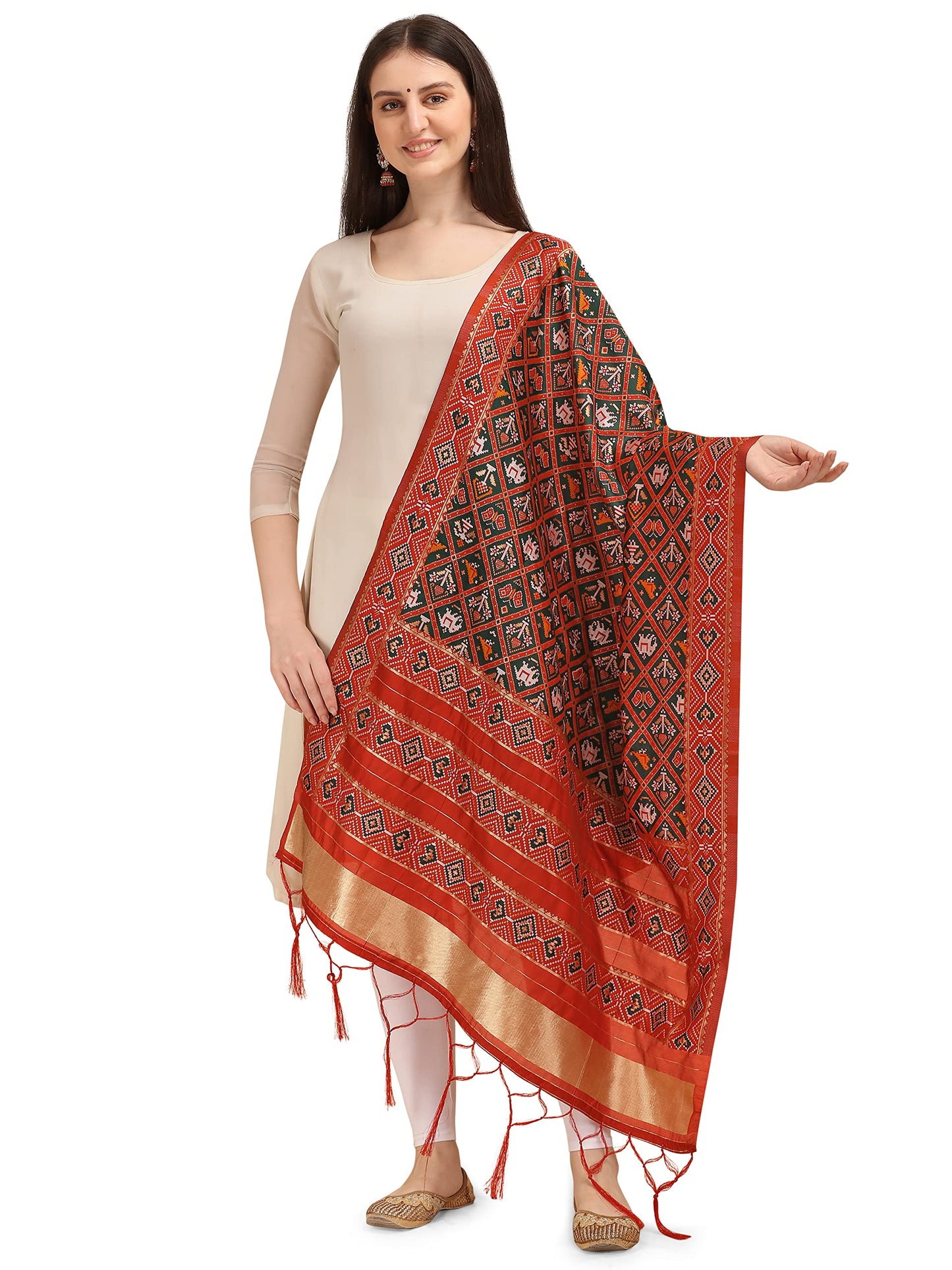 Patola Ikkat Silk Dupatta with Intricate Geometric Weave & Golden Border