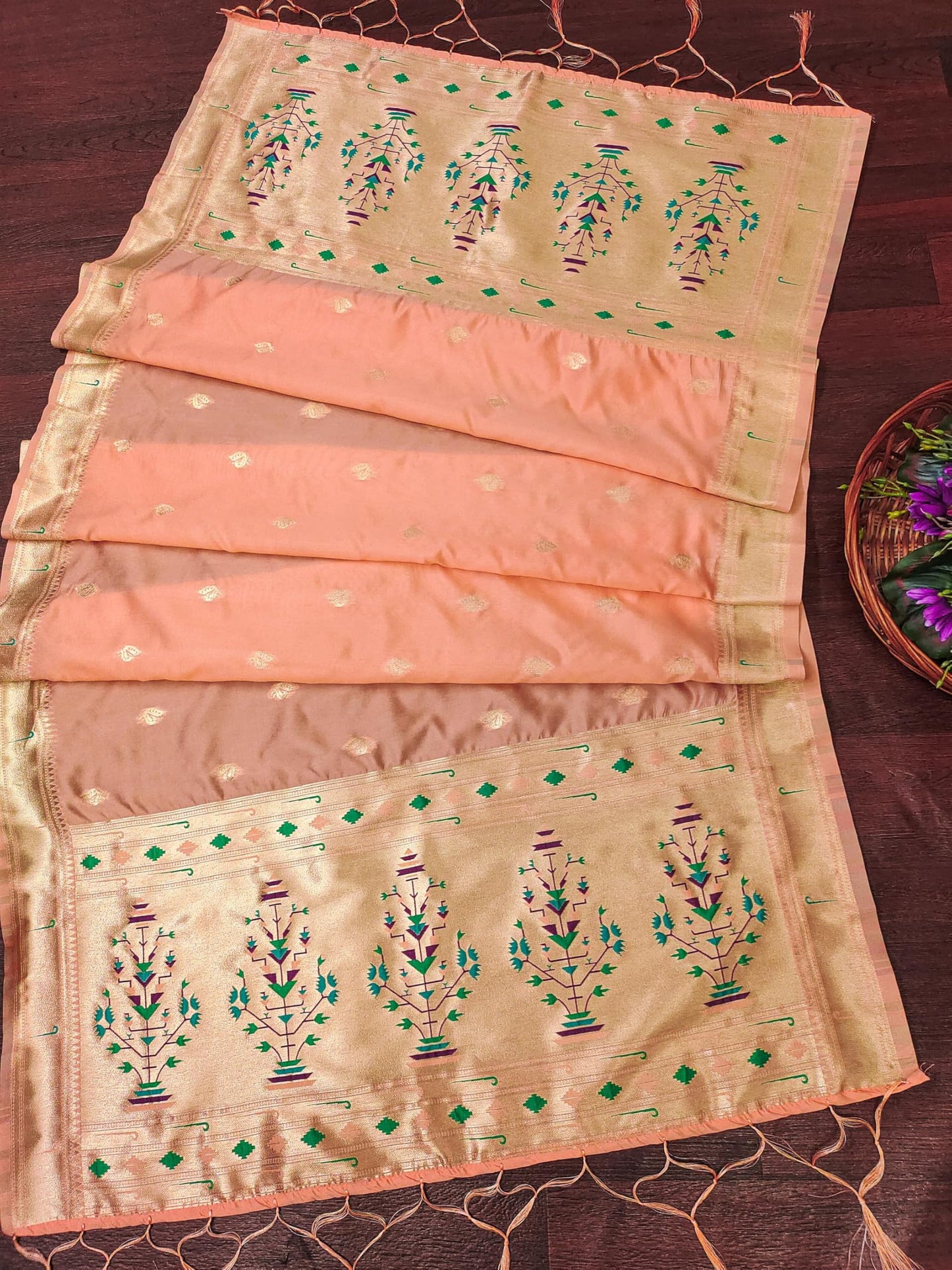 Banarasi Silk Dupatta in Peach with Gold Zari Booti and Contrast Woven Border