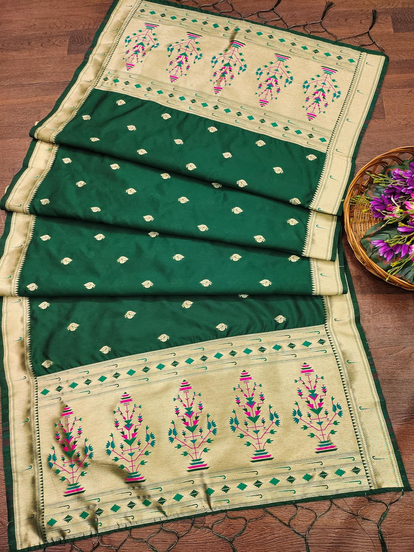 Banarasi Silk Dupatta in Dark Green with Gold Zari Booti and Contrast Woven Border
