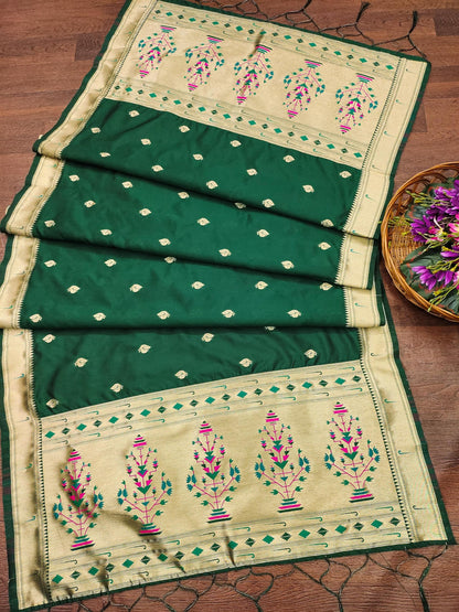 Banarasi Silk Dupatta in Dark Green with Gold Zari Booti and Contrast Woven Border