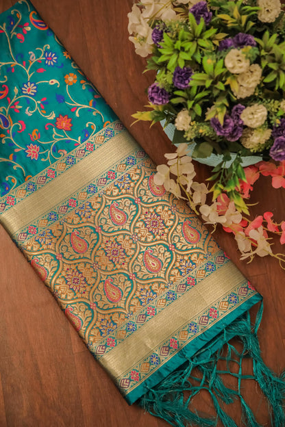 Turquoise Banarasi Silk Dupatta with Meena work