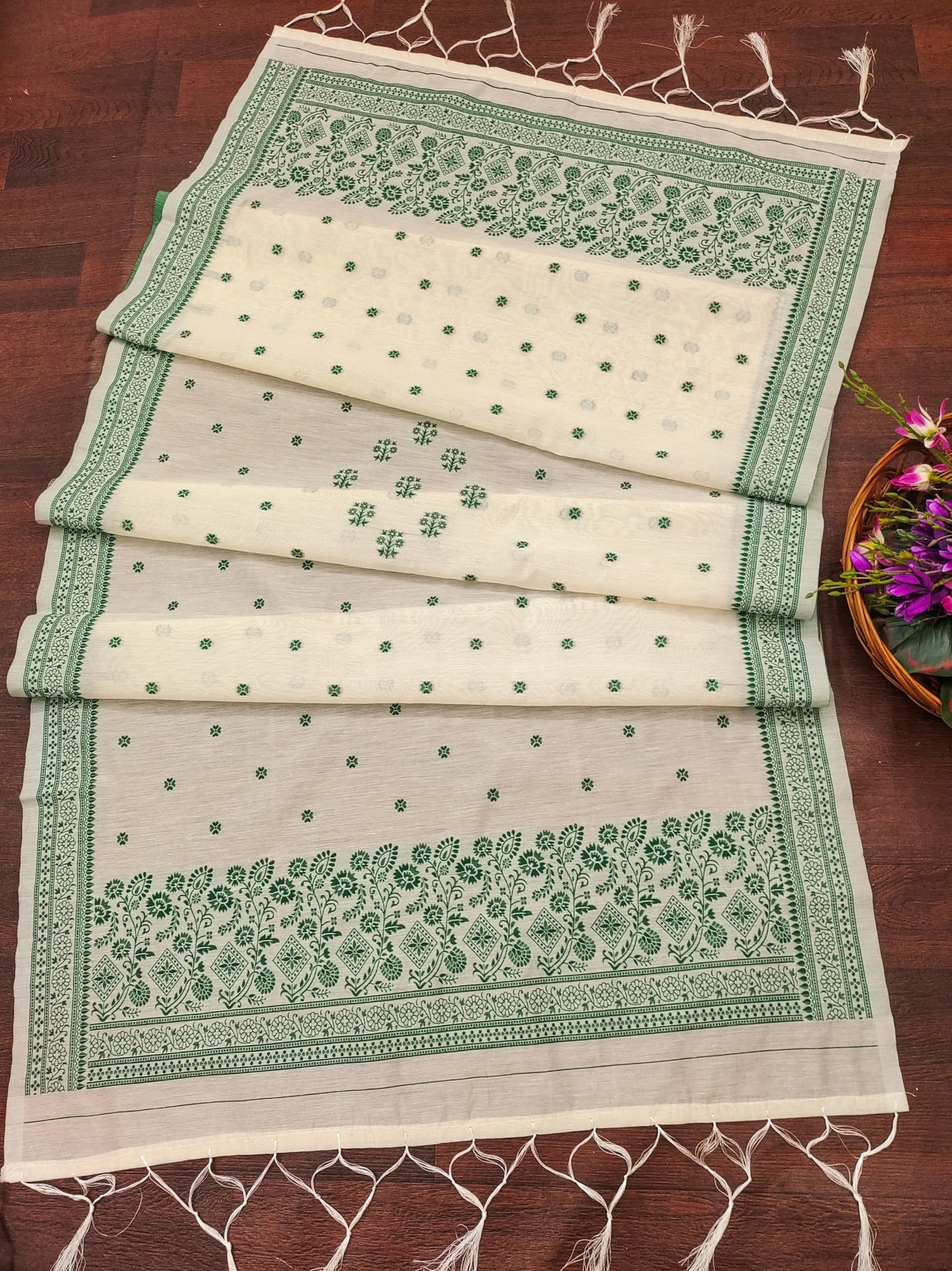Elegant Cream & Green Silk Cotton Unstitched Suit Set