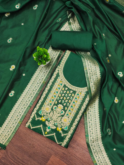 Green Jacquard Suit Set with Zari Detailing – Luxe Woven Elegance