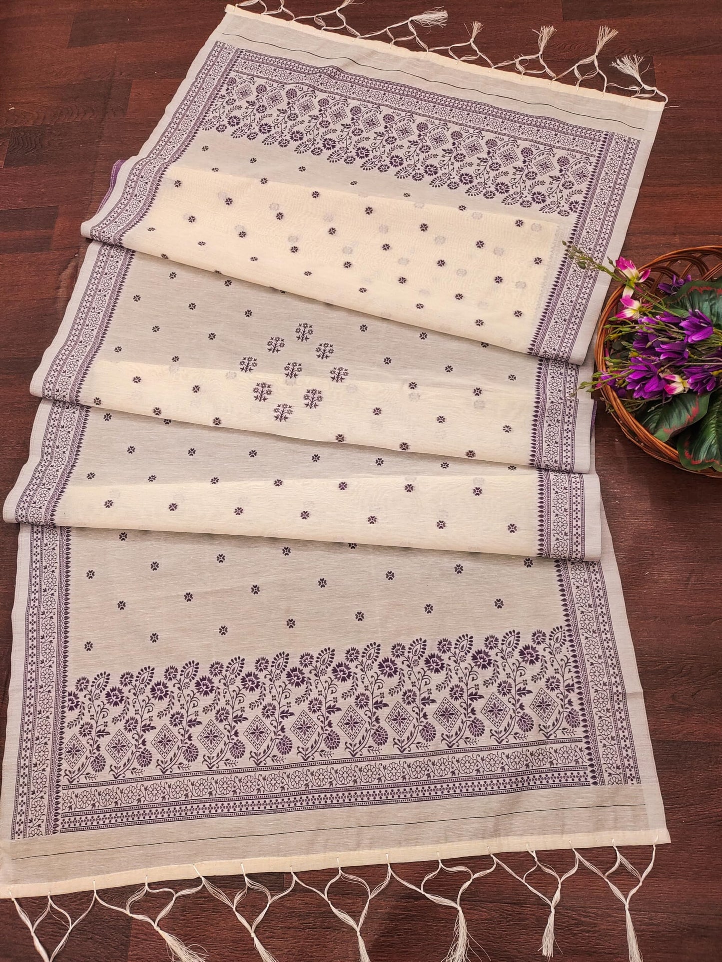 Elegant Cream & Purple Silk Cotton Unstitched Suit Set