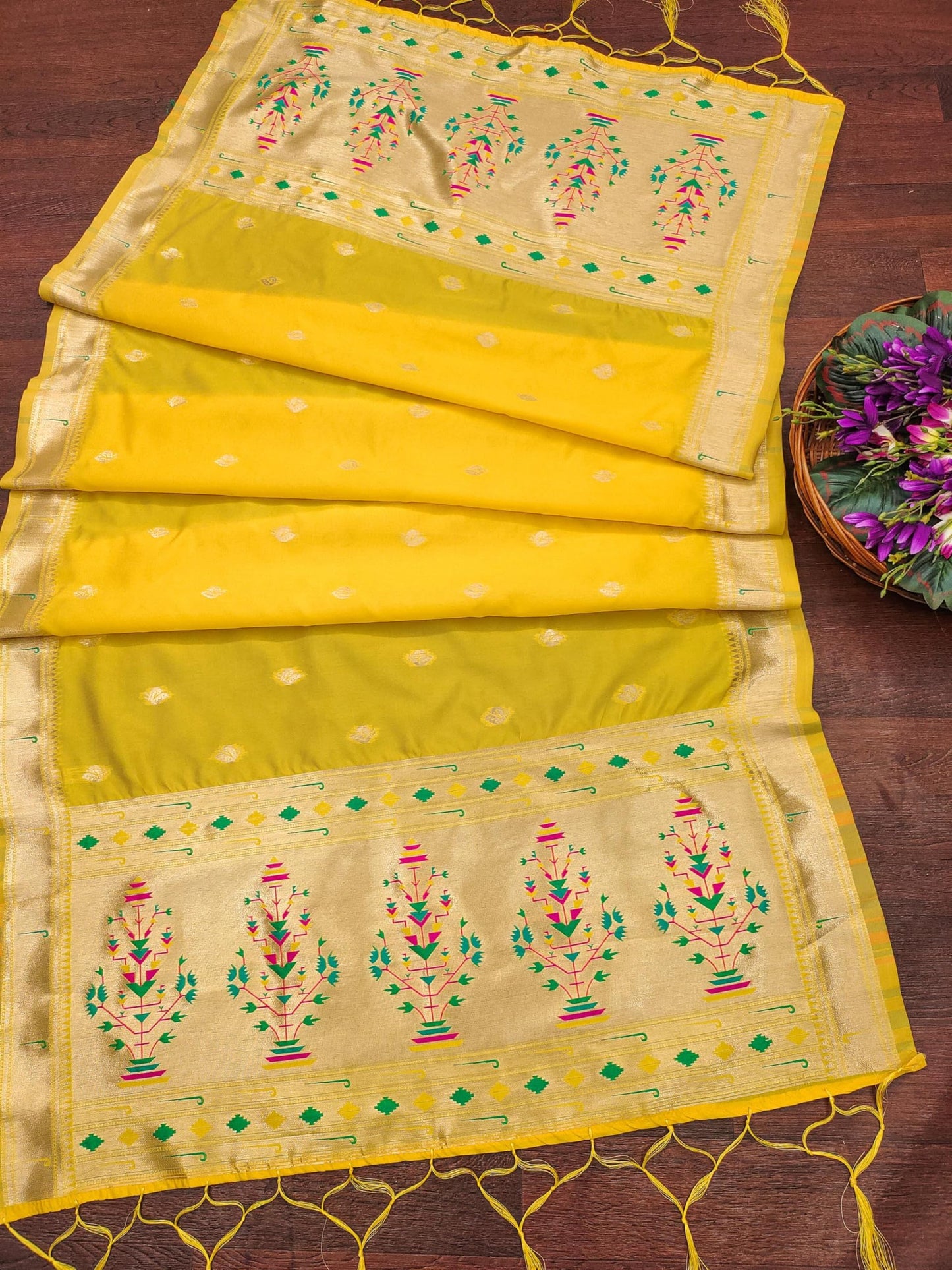 Banarasi Silk Dupatta in Golden yellow with Gold Zari Booti and Contrast Woven Border