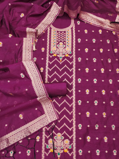 Purple Jacquard Suit Set with Zari Detailing – Luxe Woven Elegance