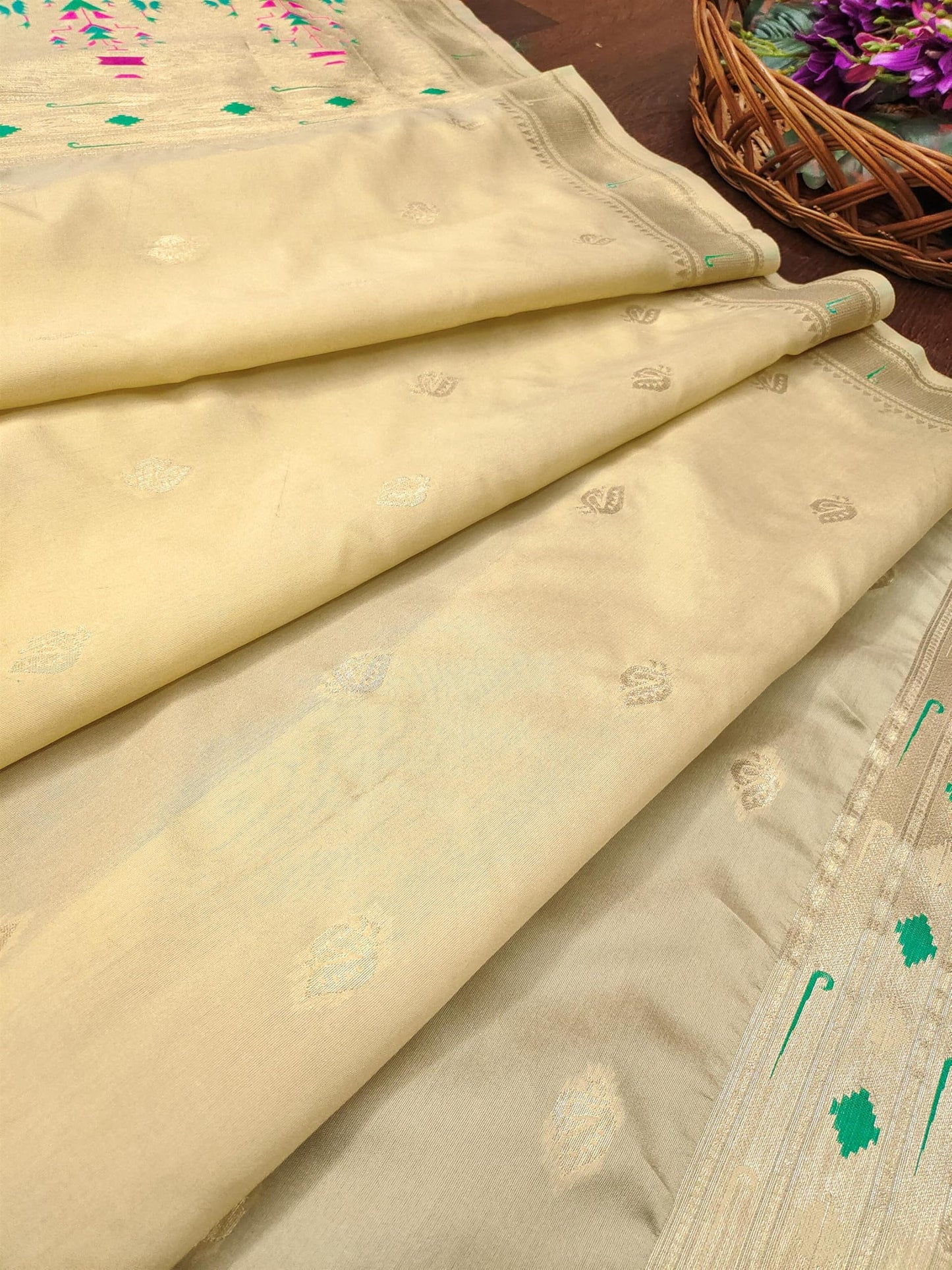 Banarasi Silk Dupatta in Chiku with Gold Zari Booti and Contrast Woven Border