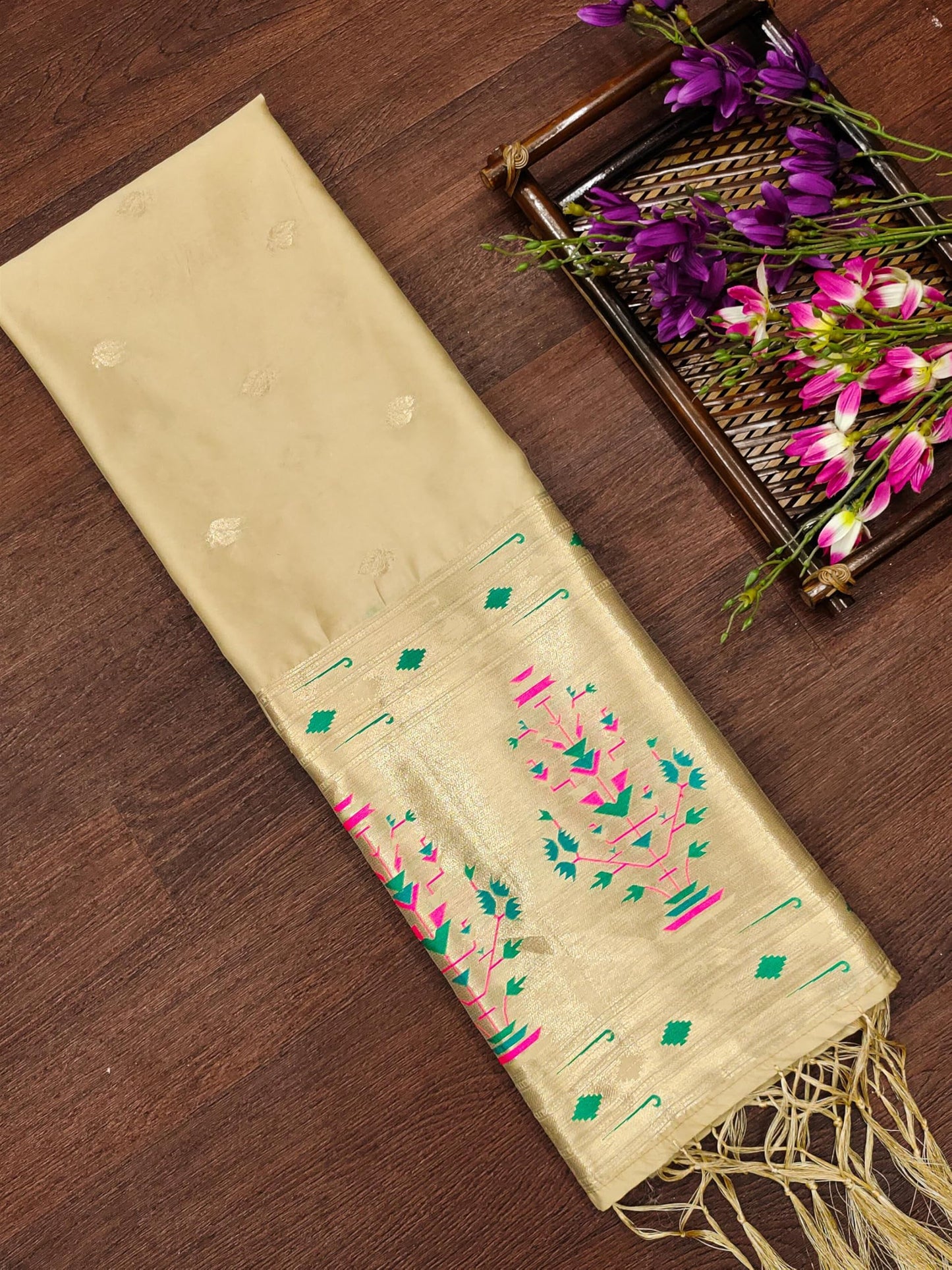 Banarasi Silk Dupatta in Chiku with Gold Zari Booti and Contrast Woven Border