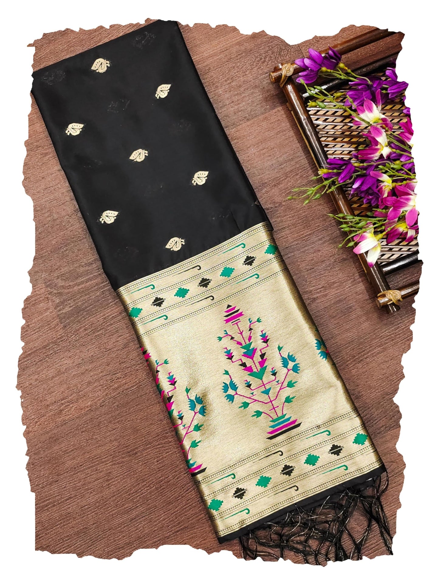 Banarasi Silk Dupatta in DeepBlack with Gold Zari Booti and Contrast Woven Border