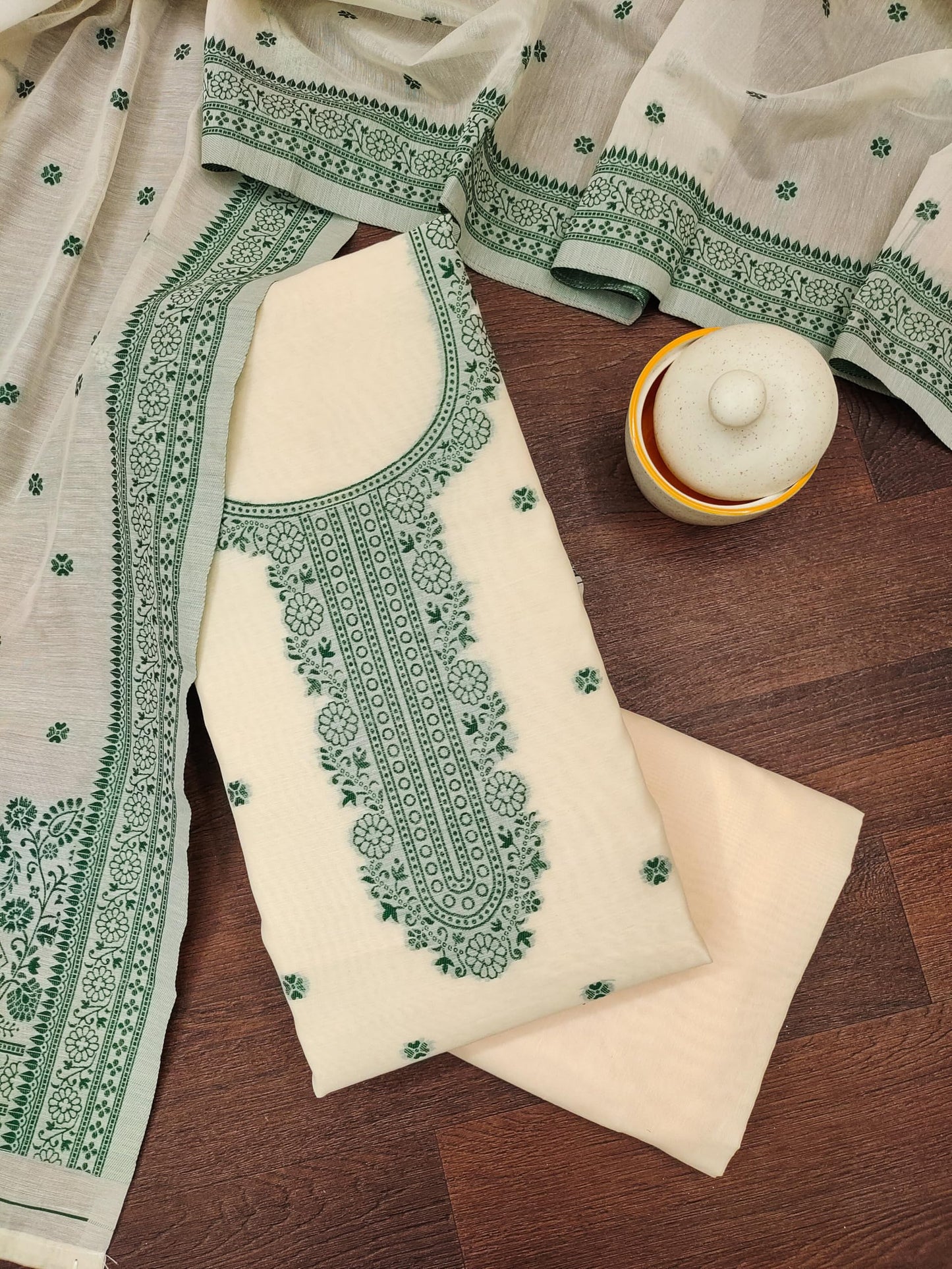 Elegant Cream & Green Silk Cotton Unstitched Suit Set