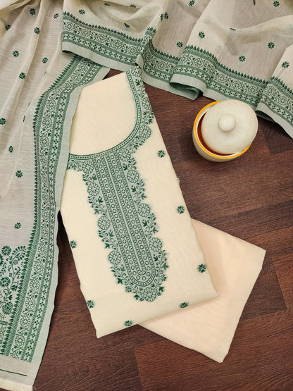 Elegant Cream & Green Silk Cotton Unstitched Suit Set