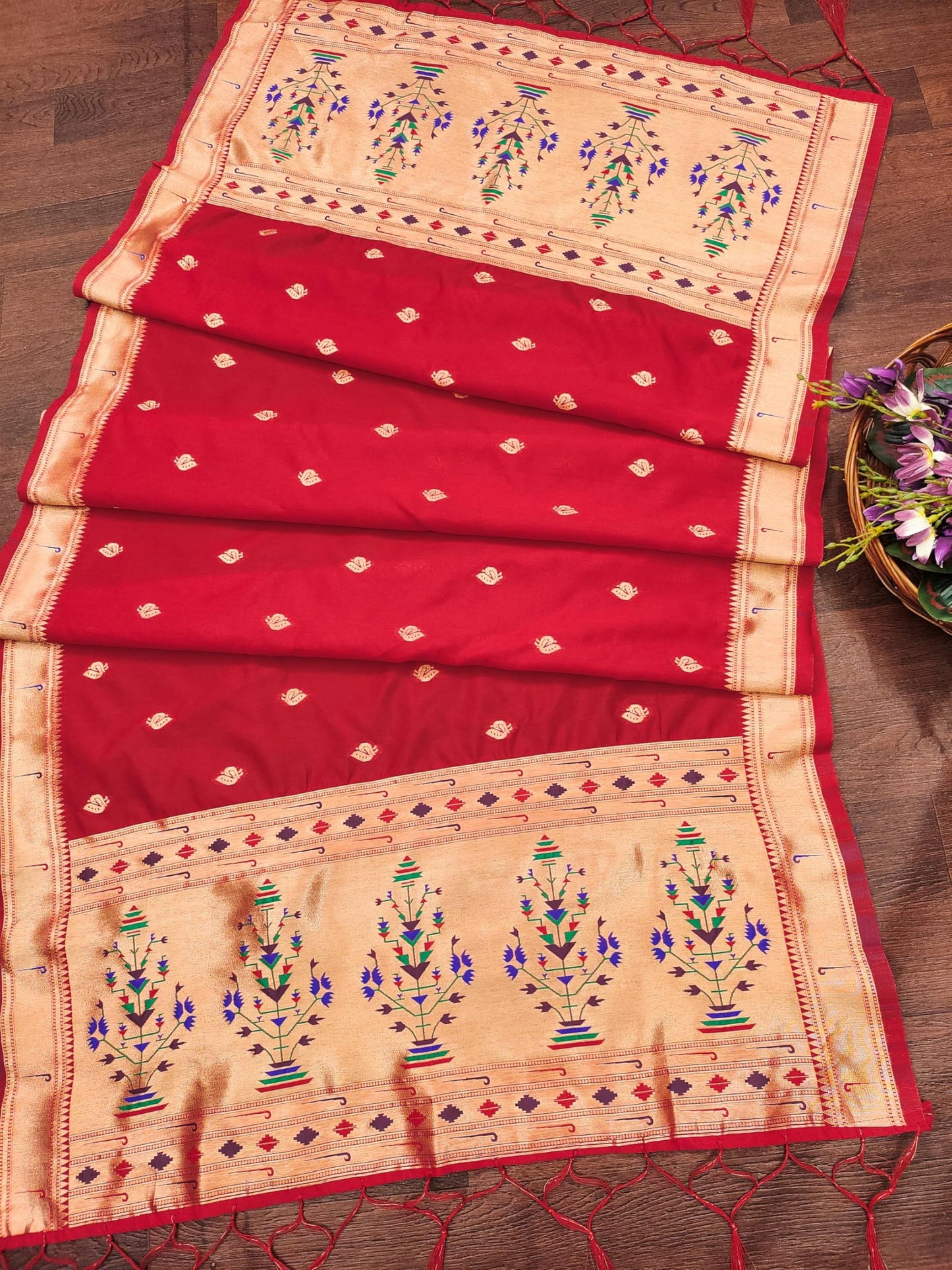 Banarasi Silk Dupatta in Red with Gold Zari Booti and Contrast Woven Border