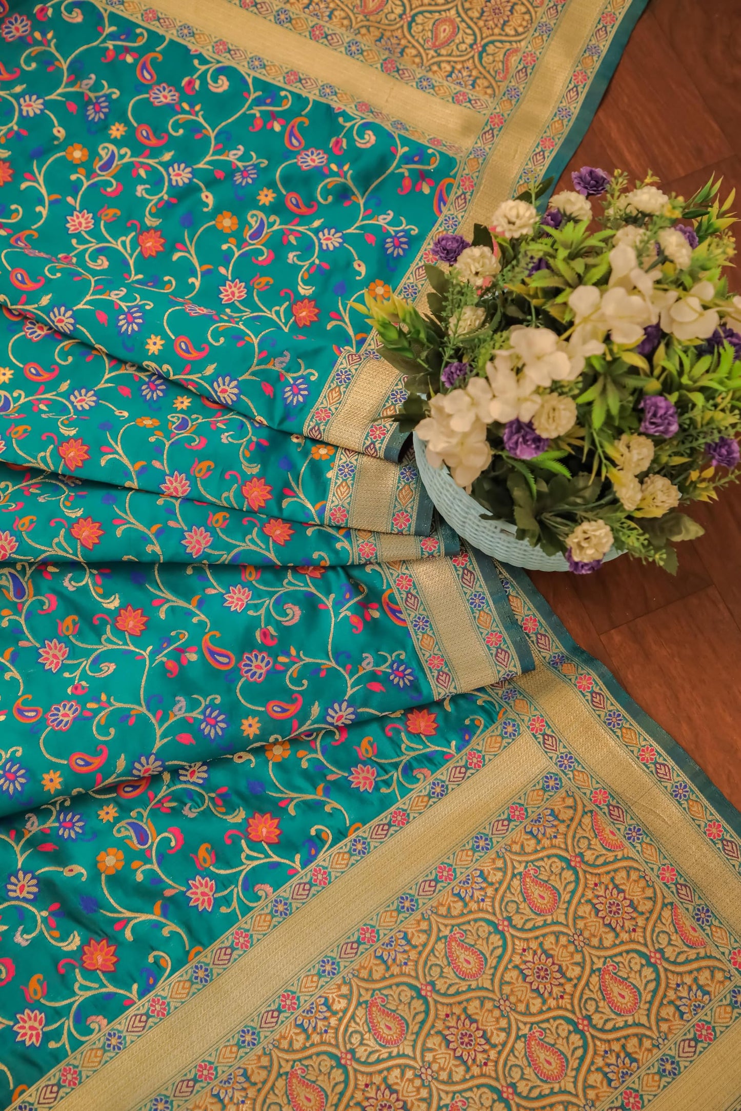 Turquoise Banarasi Silk Dupatta with Meena work