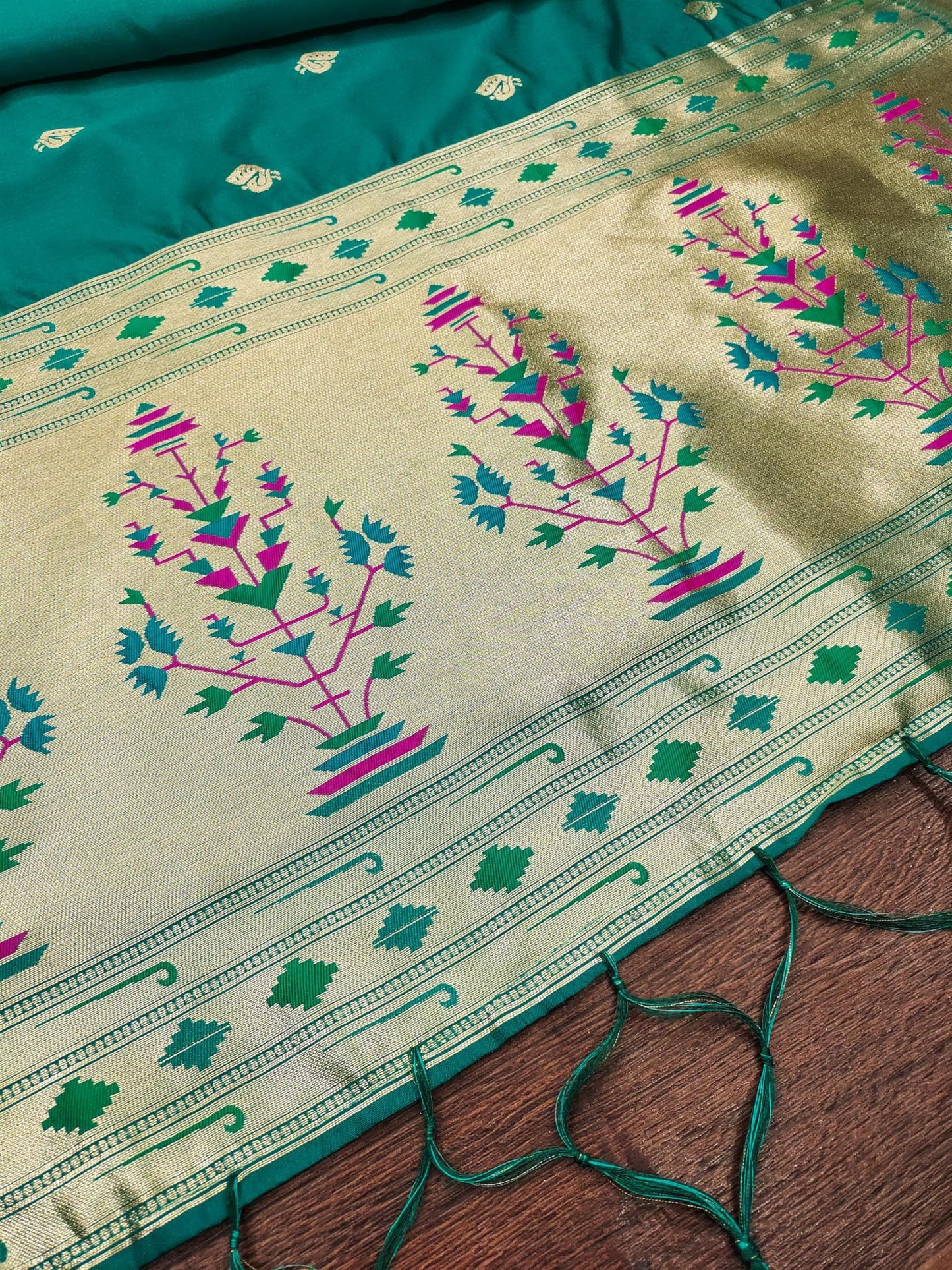 Banarasi Silk Dupatta in Turquoise with Gold Zari Booti and Contrast Woven Border