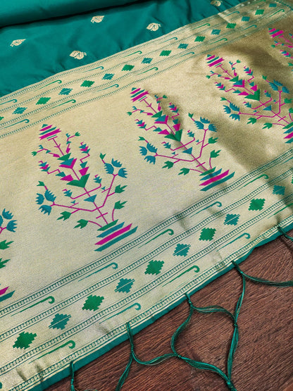 Banarasi Silk Dupatta in Turquoise with Gold Zari Booti and Contrast Woven Border