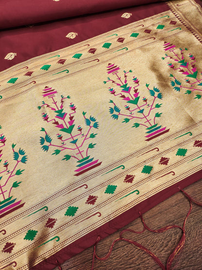 Banarasi Silk Dupatta in Maroon with Gold Zari Booti and Contrast Woven Border