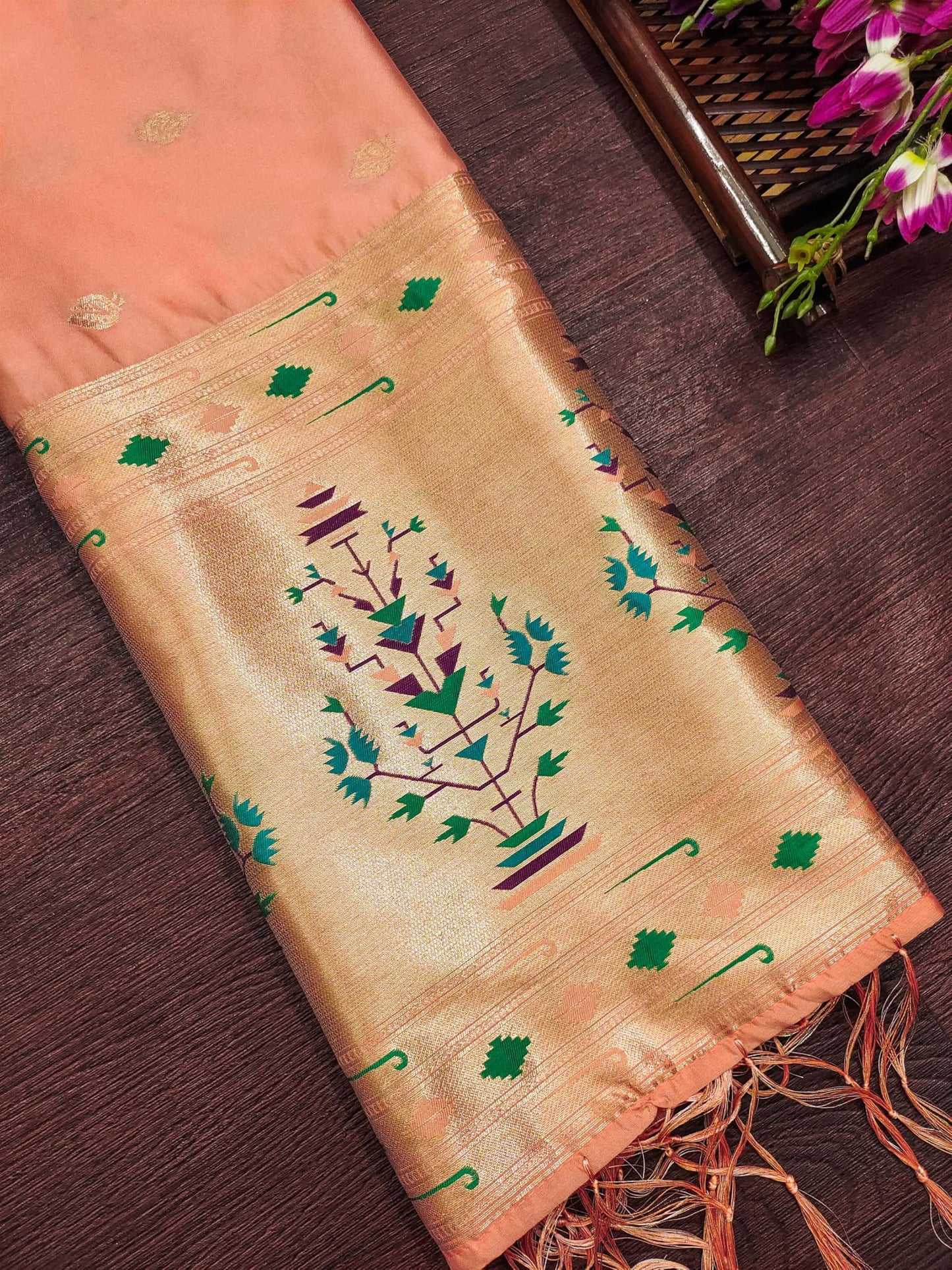 Banarasi Silk Dupatta in Peach with Gold Zari Booti and Contrast Woven Border