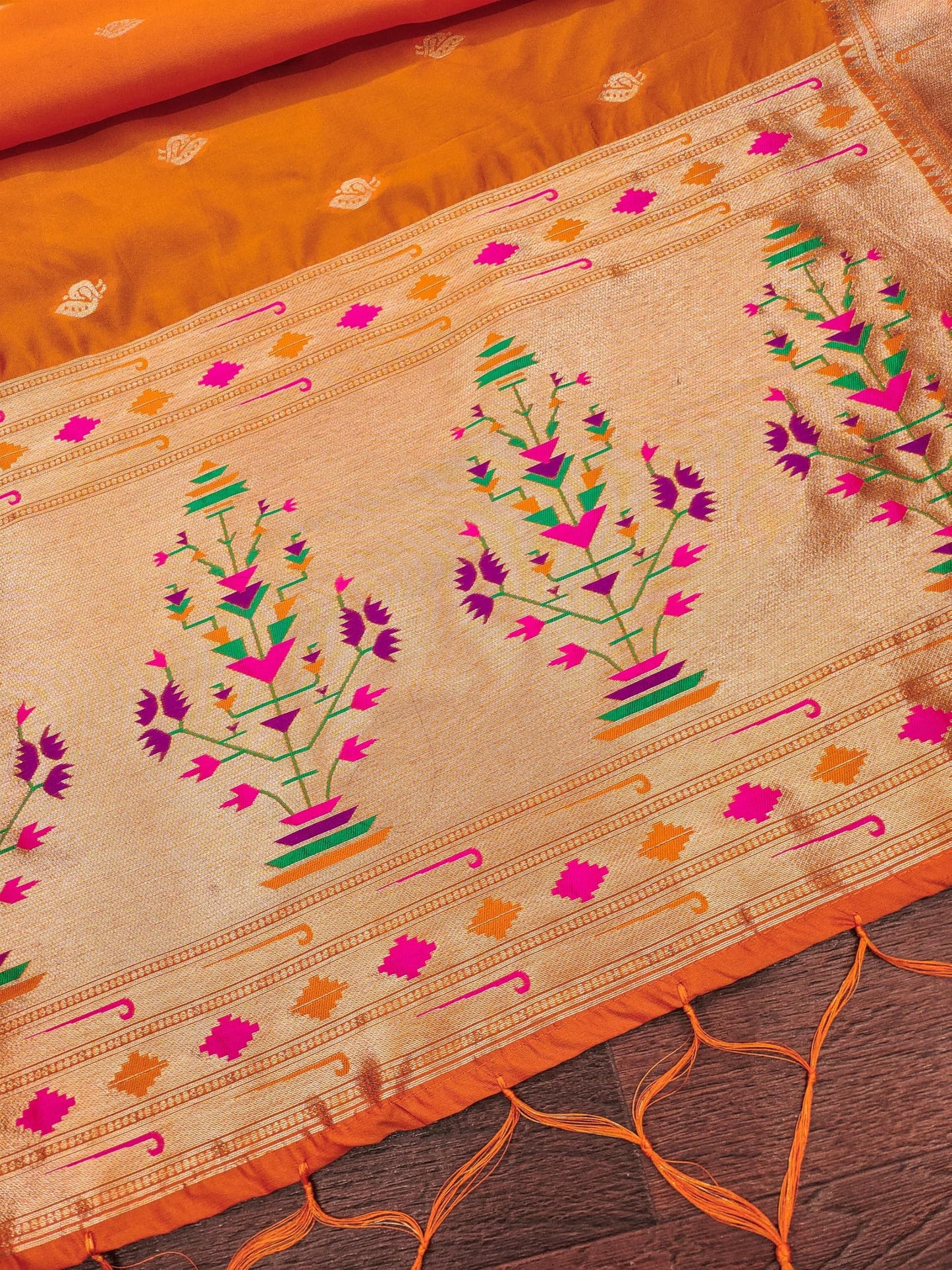 Banarasi Silk Dupatta in Orange with Gold Zari Booti and Contrast Woven Border