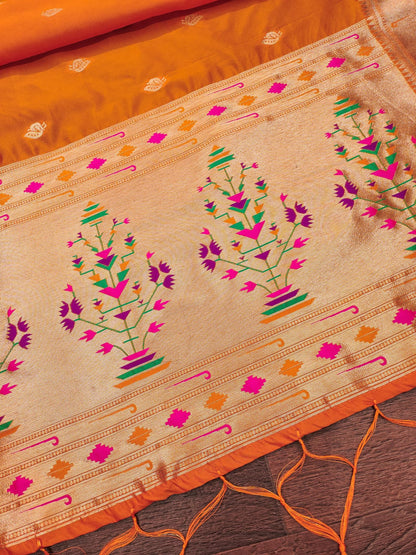 Banarasi Silk Dupatta in Orange with Gold Zari Booti and Contrast Woven Border