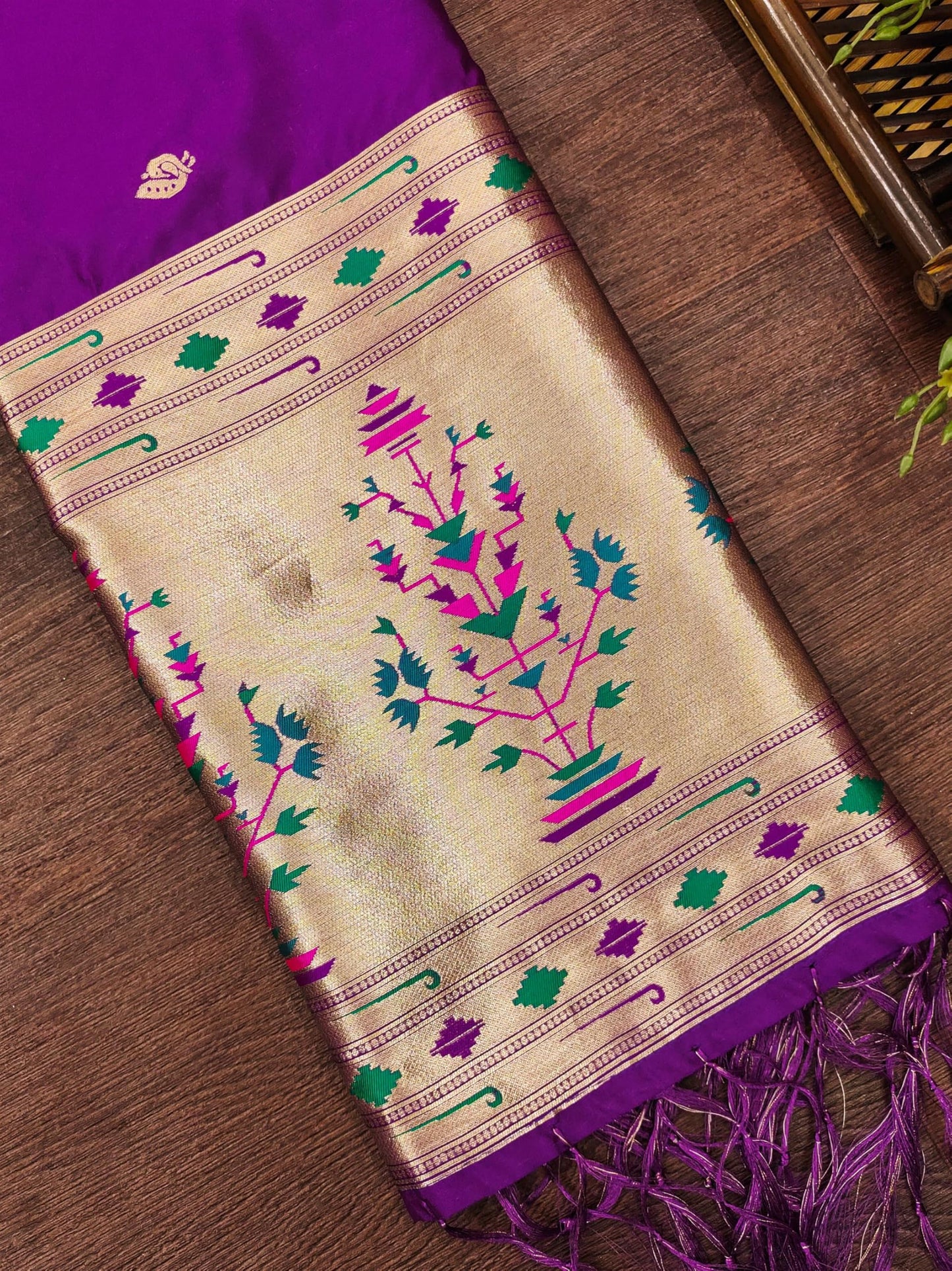 Banarasi Silk Dupatta in Royal Purple with Gold Zari Booti and Contrast Woven Border