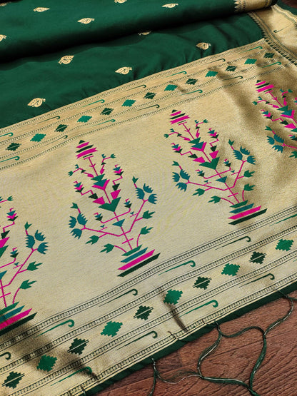 Banarasi Silk Dupatta in Dark Green with Gold Zari Booti and Contrast Woven Border