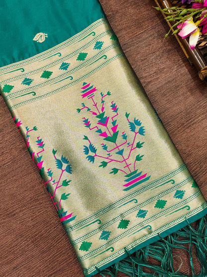 Banarasi Silk Dupatta in Turquoise with Gold Zari Booti and Contrast Woven Border