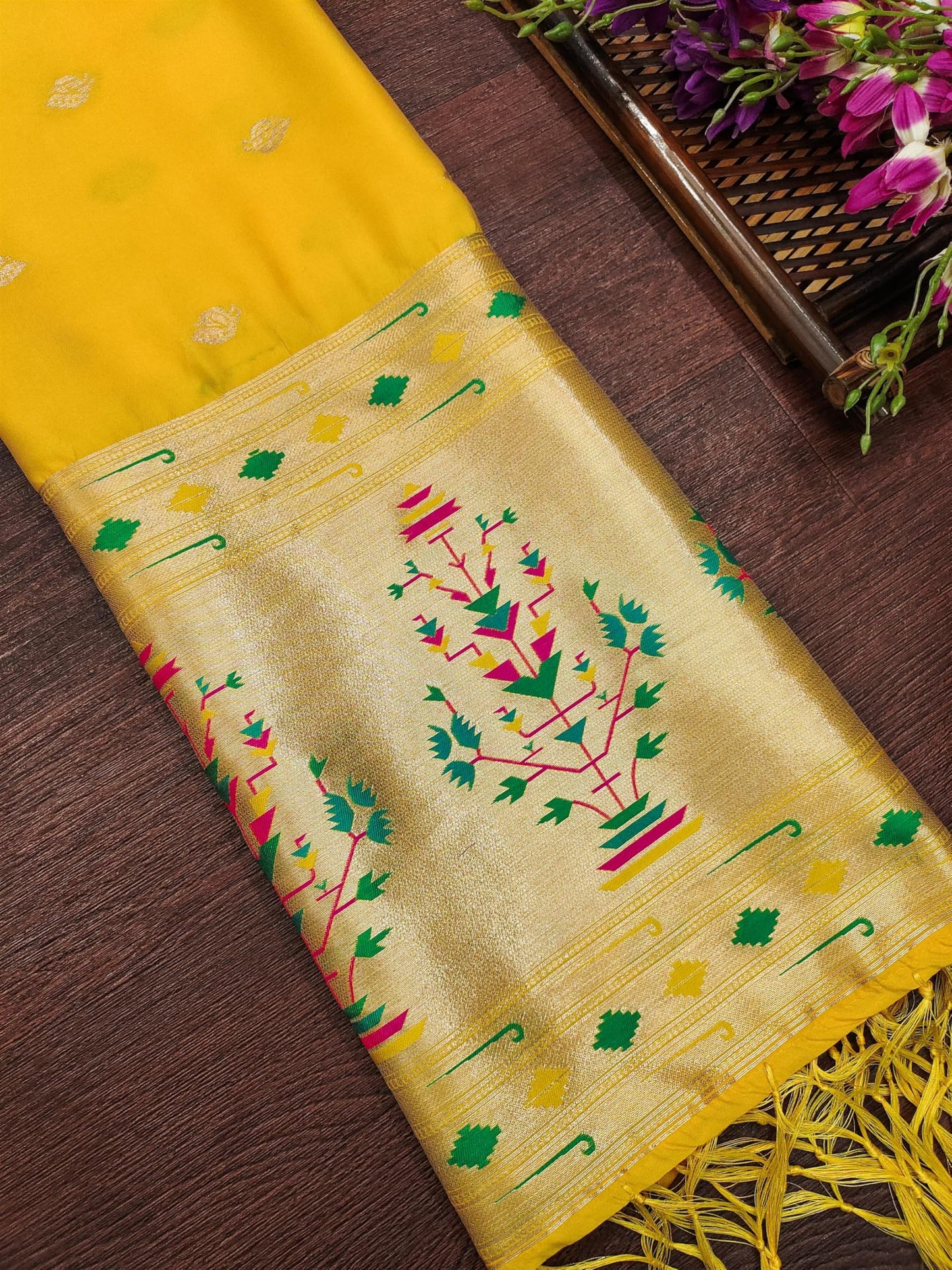 Banarasi Silk Dupatta in Golden yellow with Gold Zari Booti and Contrast Woven Border