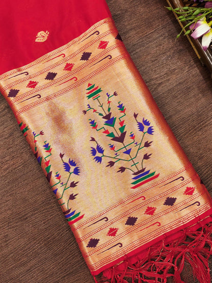 Banarasi Silk Dupatta in Red with Gold Zari Booti and Contrast Woven Border
