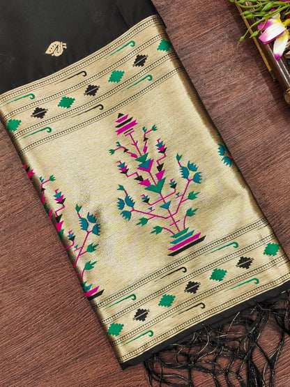 Banarasi Silk Dupatta in DeepBlack with Gold Zari Booti and Contrast Woven Border