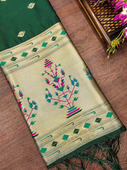Banarasi Silk Dupatta in Dark Green with Gold Zari Booti and Contrast Woven Border