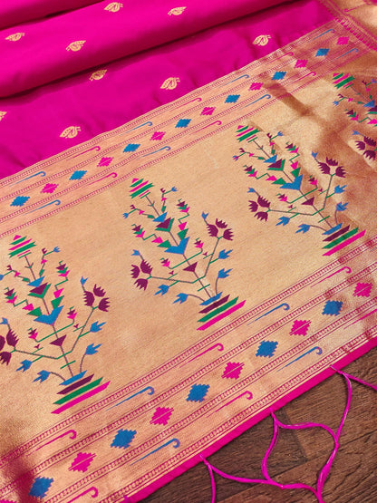 Banarasi Silk Dupatta in Rani with Gold Zari Booti and Contrast Woven Border