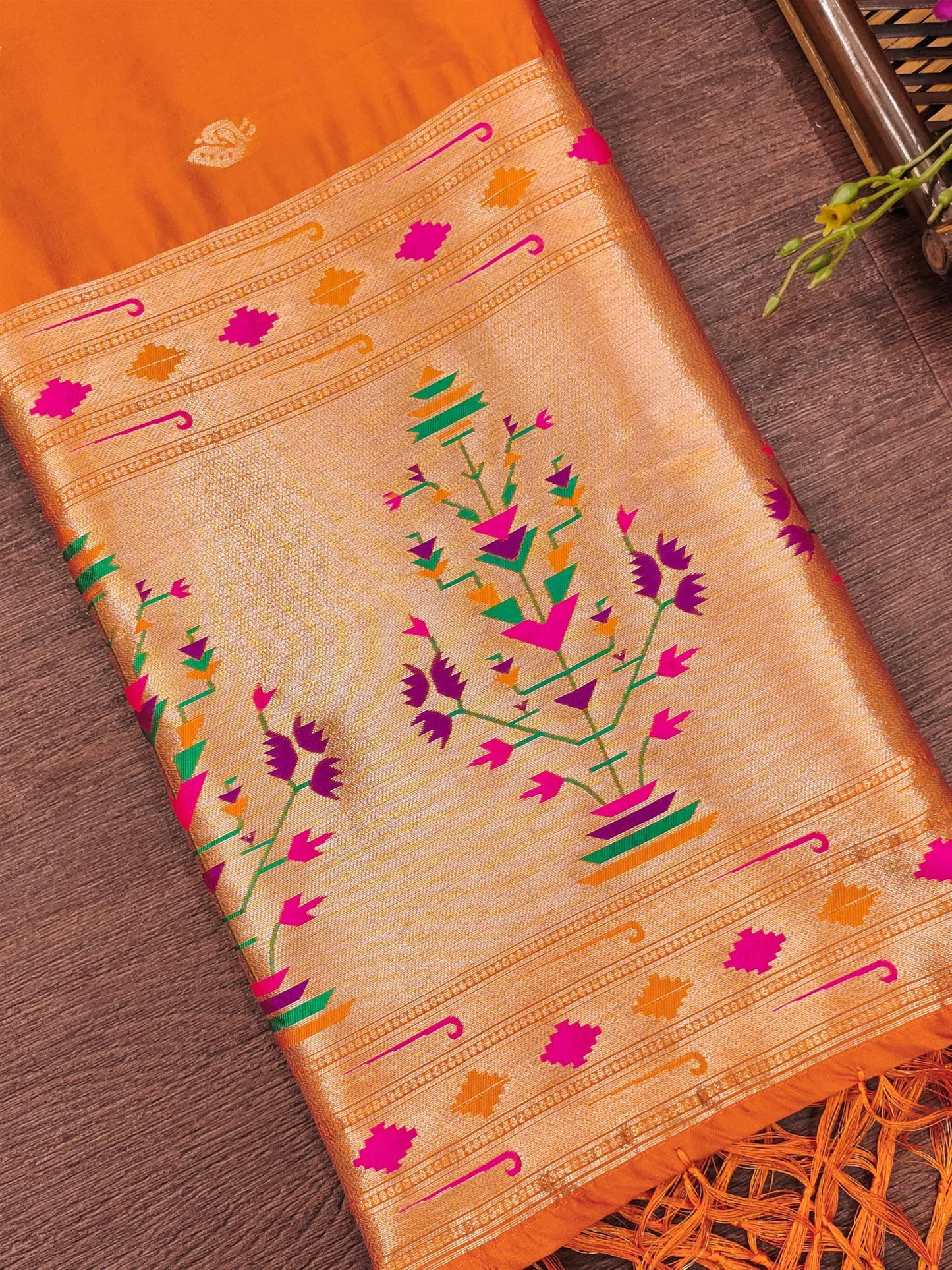 Banarasi Silk Dupatta in Orange with Gold Zari Booti and Contrast Woven Border