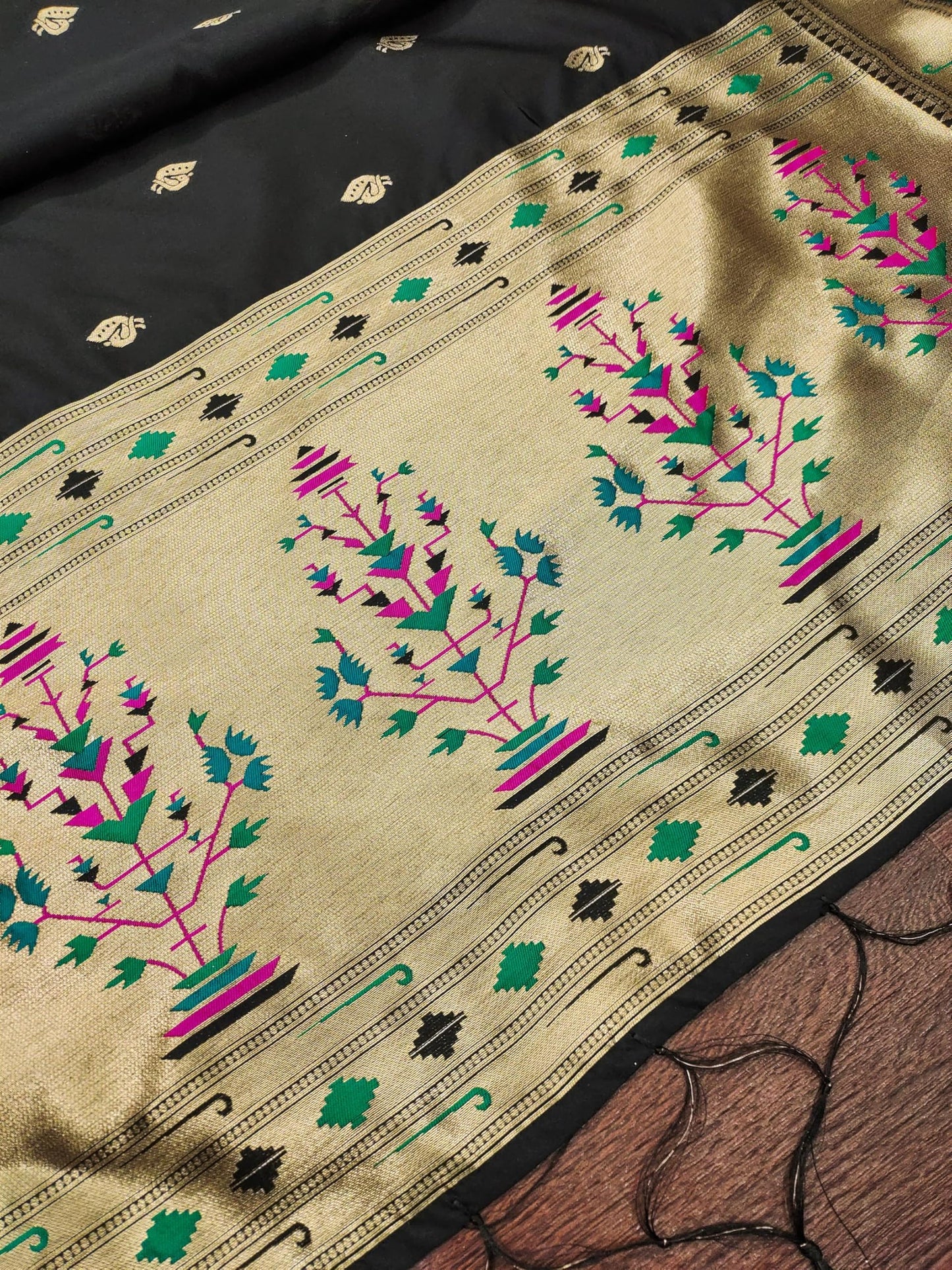 Banarasi Silk Dupatta in DeepBlack with Gold Zari Booti and Contrast Woven Border
