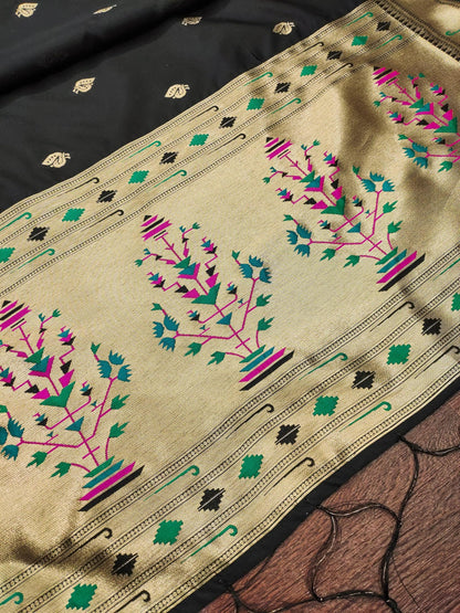 Banarasi Silk Dupatta in DeepBlack with Gold Zari Booti and Contrast Woven Border