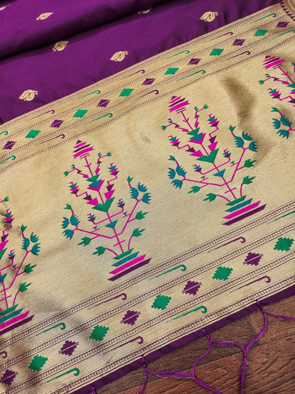 Banarasi Silk Dupatta in Royal Purple with Gold Zari Booti and Contrast Woven Border