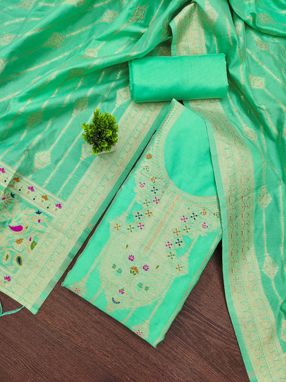 Elegant Banarasi Suit Set with Embroidered Neckline & Woven Dupatta