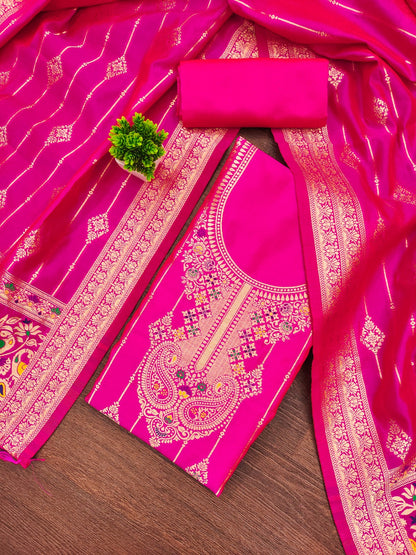 Elegant Banarasi Suit Set with Embroidered Neckline & Woven Dupatta