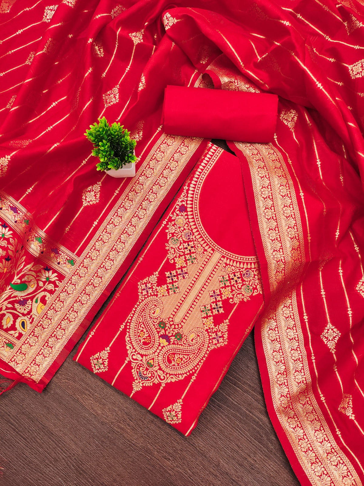 Elegant Banarasi Suit Set with Embroidered Neckline & Woven Dupatta