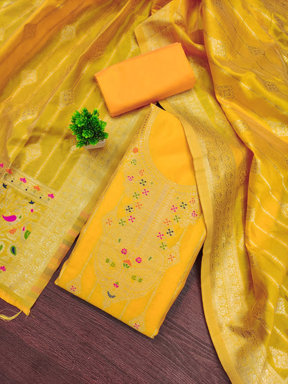 Elegant Banarasi Suit Set with Embroidered Neckline & Woven Dupatta